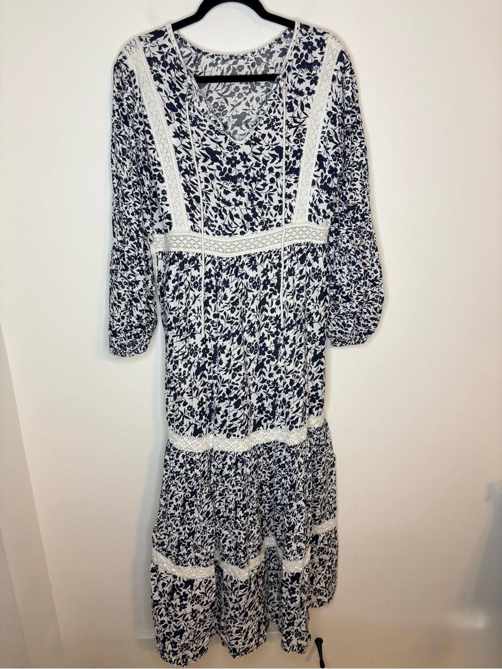 Attic Salt Navy & White Floral Lace-Trim Maxi Dress Cottagecore BoHo Prairie - Picture 2 of 7